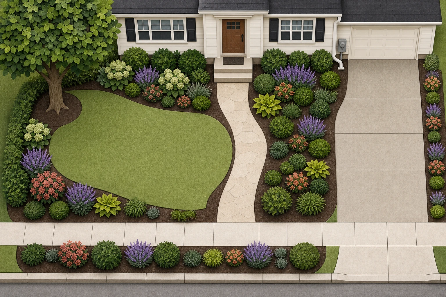 Top-down complete front-yard plan with house, front door, walk, driveway, tree, foundation beds, open ground, curb planting, meter, and downspout