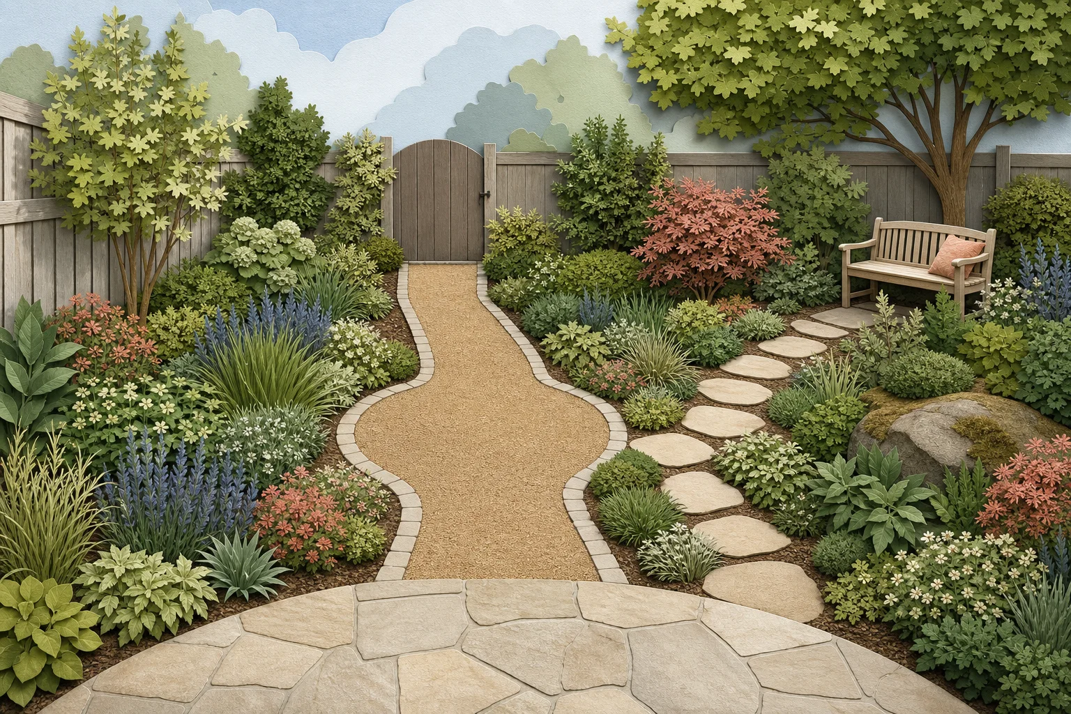 Garden path system with a direct main route to a gate, secondary stepping route to a bench, widened pause, and low planting edges