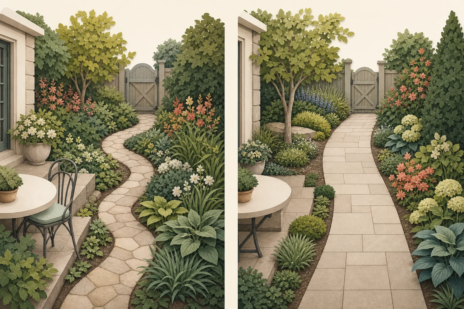 Side-by-side garden paths comparing an unnecessarily winding narrow route with a comfortable direct route around one real obstacle