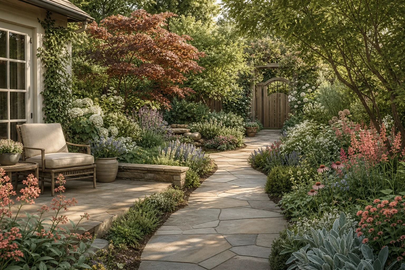 Residential garden path connecting a patio to a gate with restrained paving, one gentle bend, and low edge planting