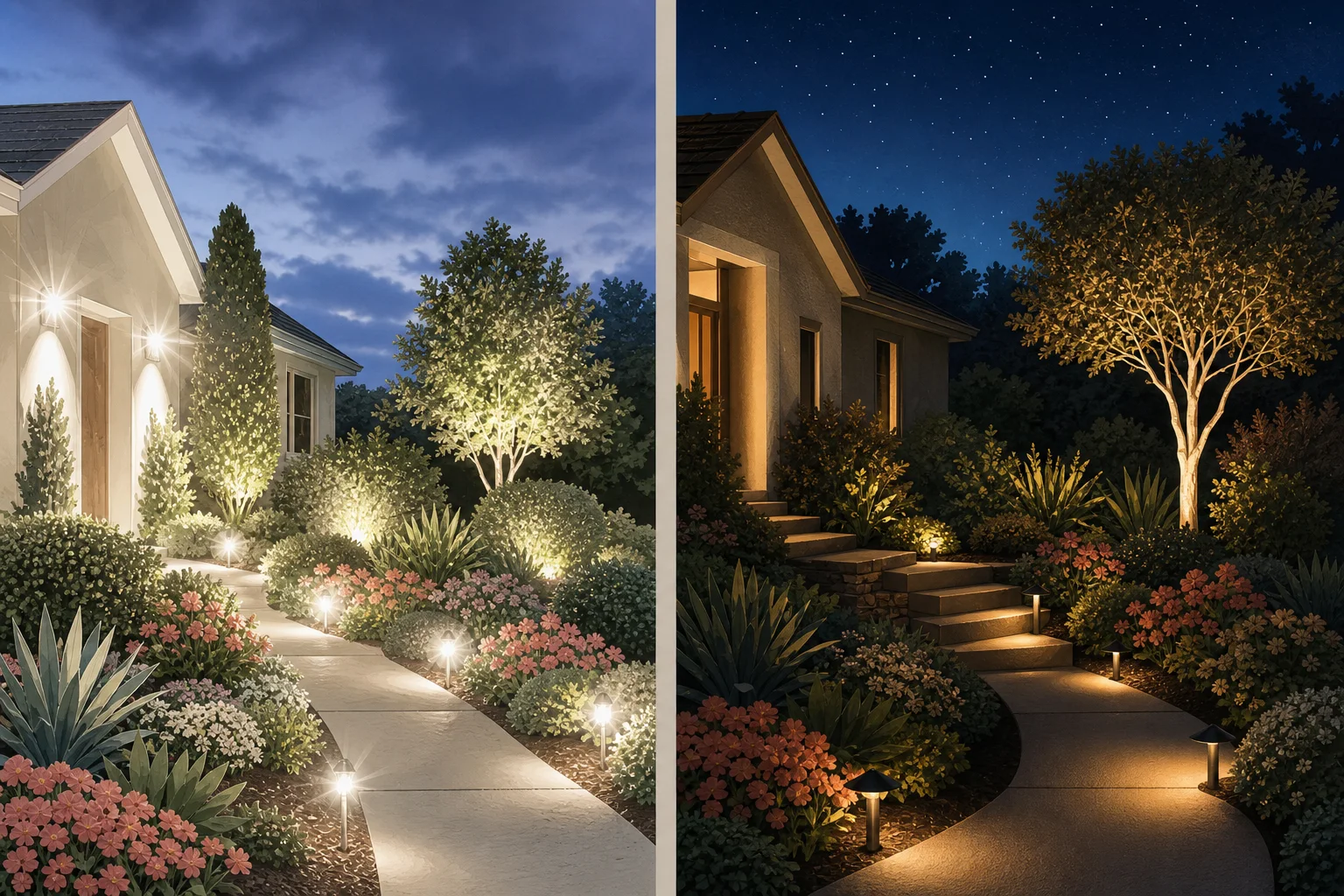 Side-by-side night gardens comparing exposed bright fixtures and upward glare with shielded warm task lighting and dark sky