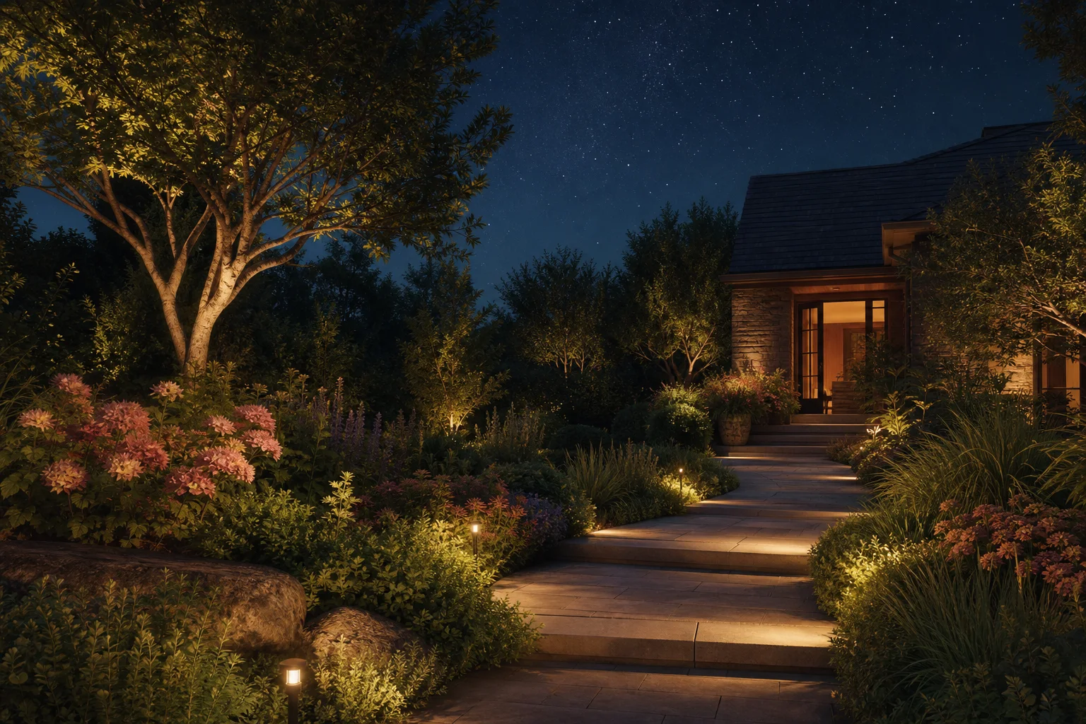 Residential night garden with warm low path guidance, softly lit entrance, one gently lit tree, and areas of darkness under stars