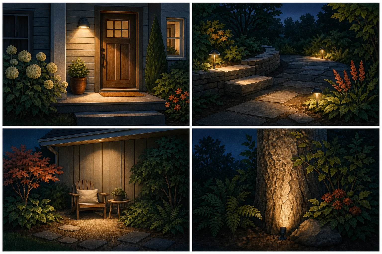 Four night-garden studies showing a shielded entrance light, selected path and step lights, a concealed downlight over a seat, and a narrow accent on a tree trunk