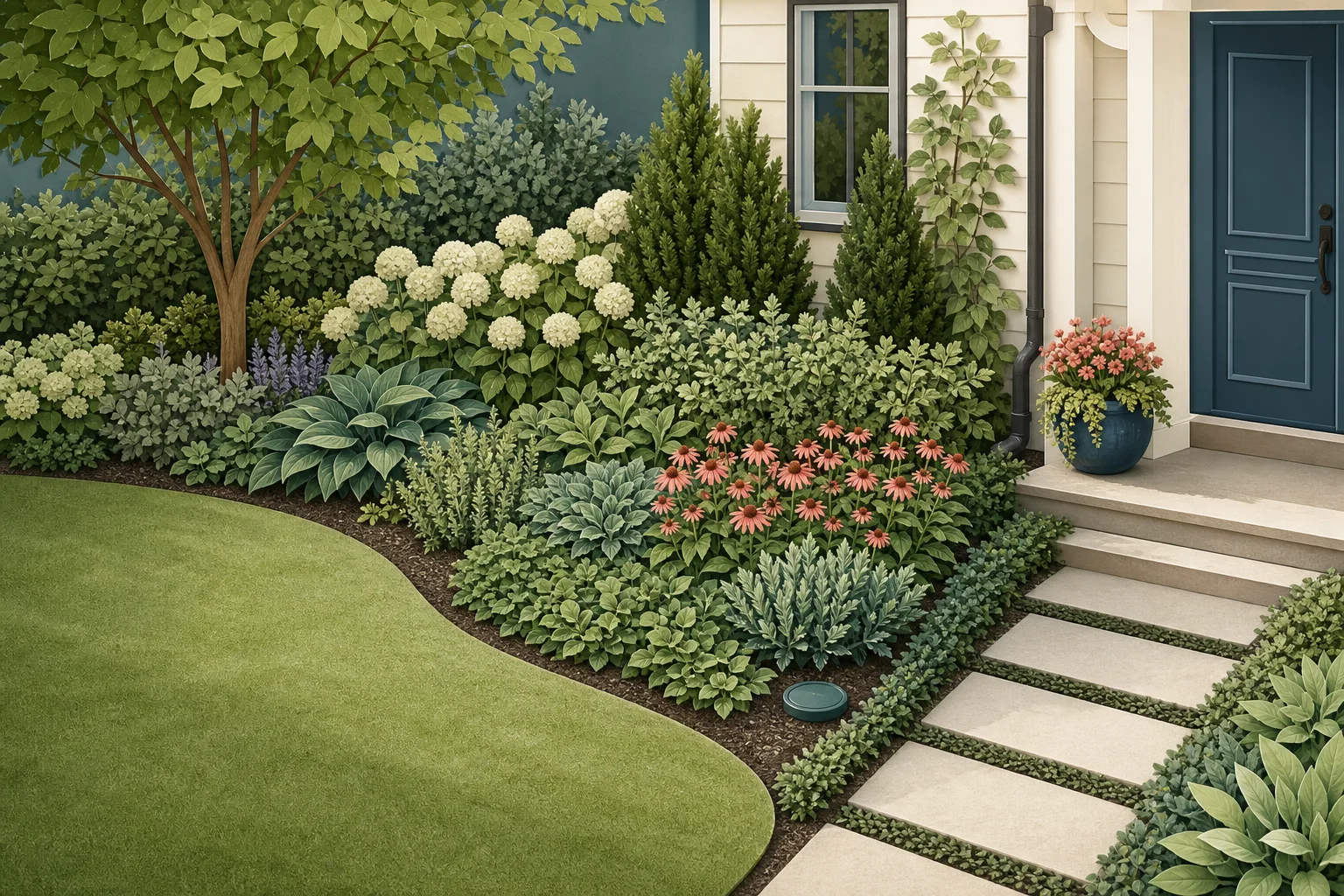 Low-maintenance yard with smooth lawn edge, broad dense plant masses, accessible irrigation point, clear route, and one seasonal container