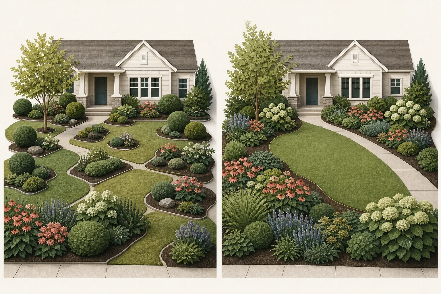 Side-by-side yards comparing fragmented lawn and clipped isolated plants with one mowable lawn and broad repeated planting masses
