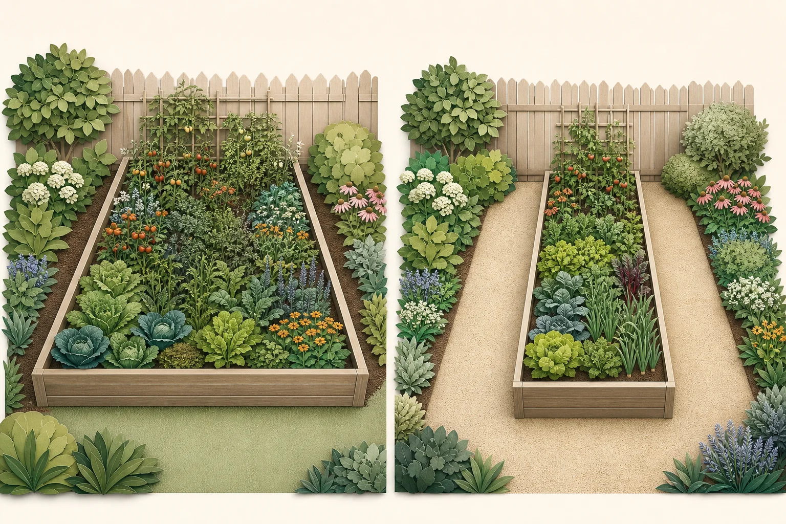 Side-by-side raised beds comparing an overly wide bed against a fence with a narrower bed reachable from paths on both sides
