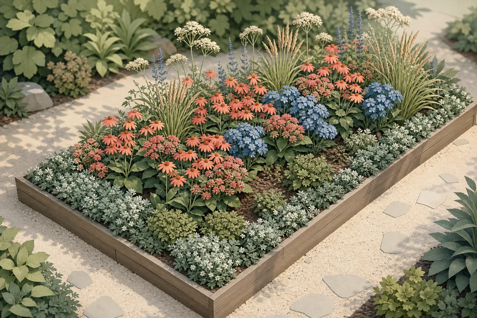 Raised flower bed with a repeated low silver edge, coral and blue middle masses, and a few airy upright flowers and grasses