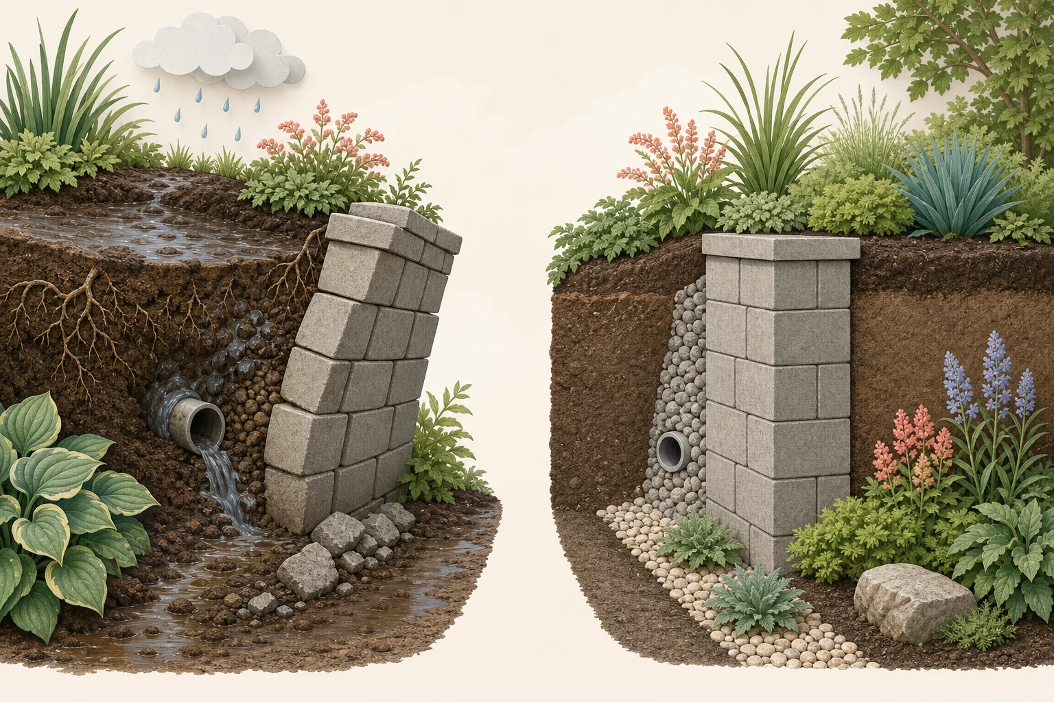 Side-by-side retaining walls comparing leaning, bulging, saturated conditions with a straight stable wall, open drainage, and clear inspection strip
