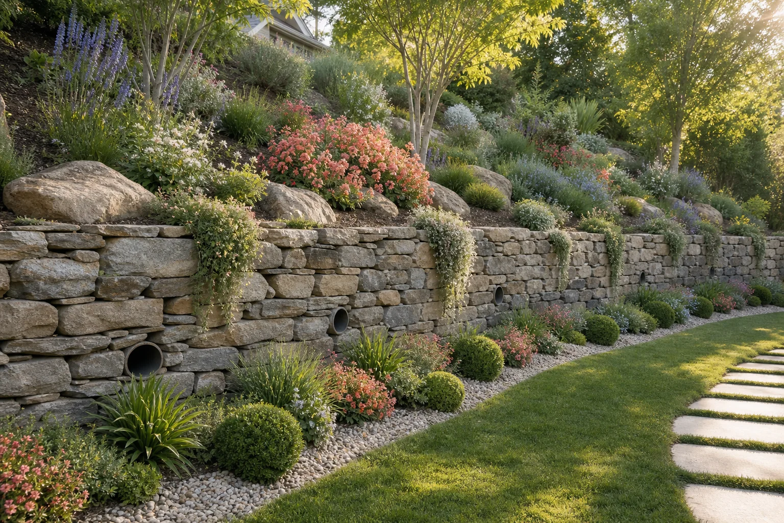Existing stable stone retaining wall with visible drainage outlets, restrained cascading top plants, low base planting, and open maintenance access