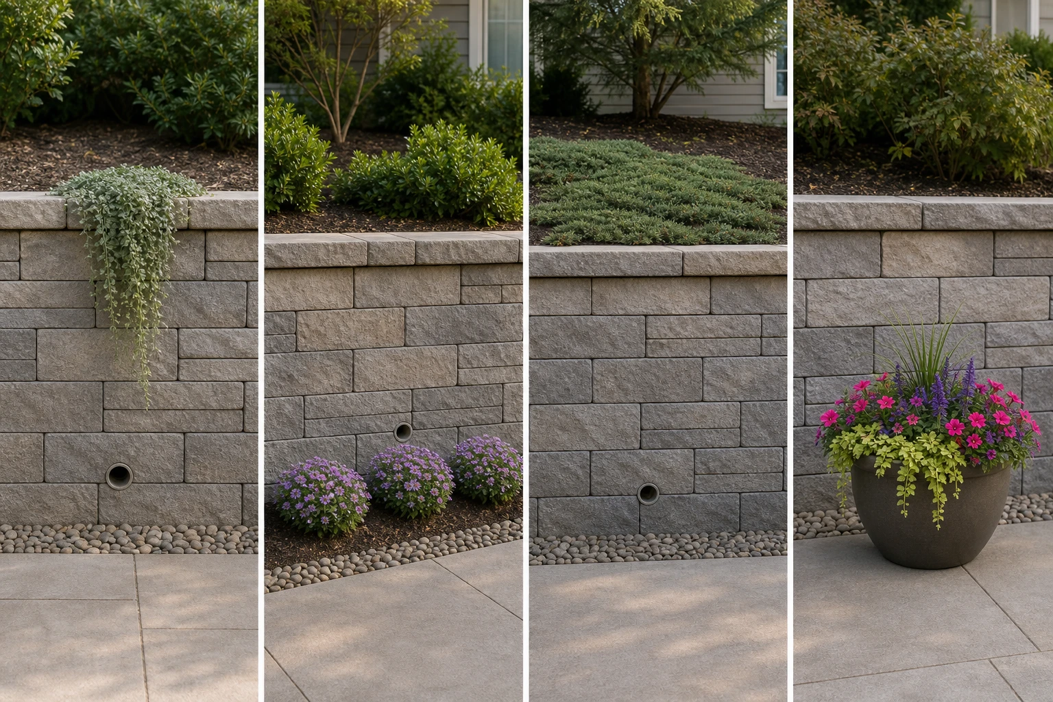 Four retaining wall planting approaches showing a restrained trailer, low repeated mounds, erosion-conscious upper planting, and a freestanding seasonal container