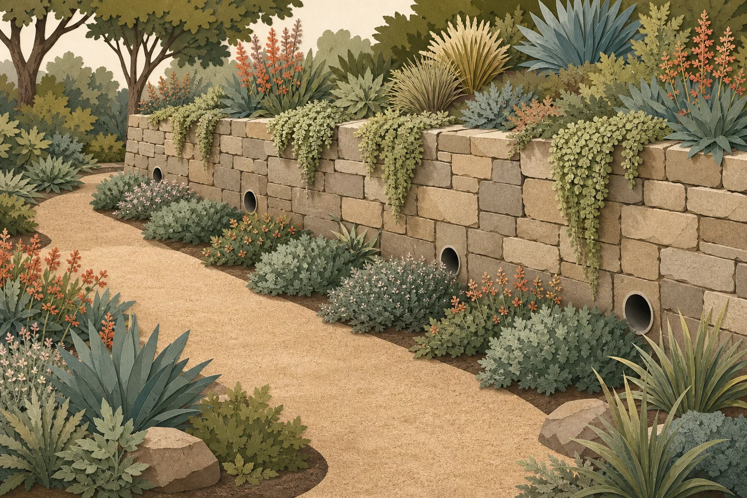 Stable retaining wall showing cascading plants in selected top pockets, visible wall face and drainage outlets, low base plants, and clear inspection path