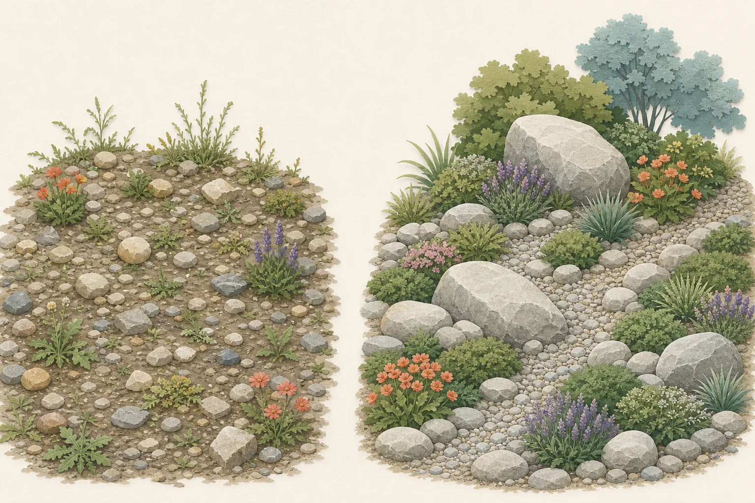Side-by-side rock gardens comparing randomly scattered stones with a coherent group of partially buried anchors and repeated plants