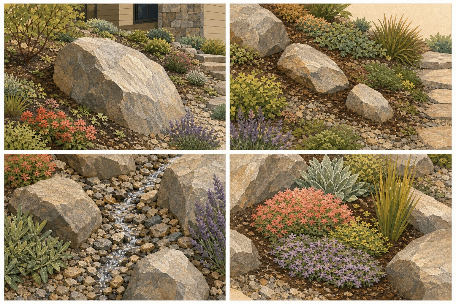 Four rock-garden studies showing a partly buried anchor boulder, smaller companion stones, a gravel drainage seam, and a generous planted pocket
