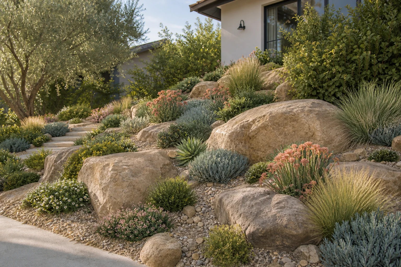 Sunny residential rock garden with partially buried anchor boulders, gravelly drainage seams, and repeated low plant masses