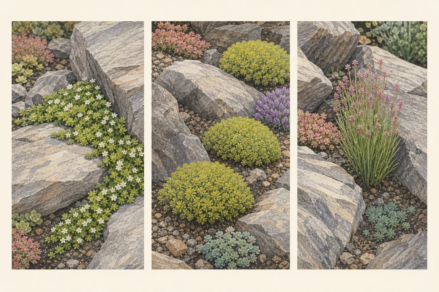 Three rock-garden studies showing a low spreading carpet, repeated rounded mounds, and one narrow upright tuft