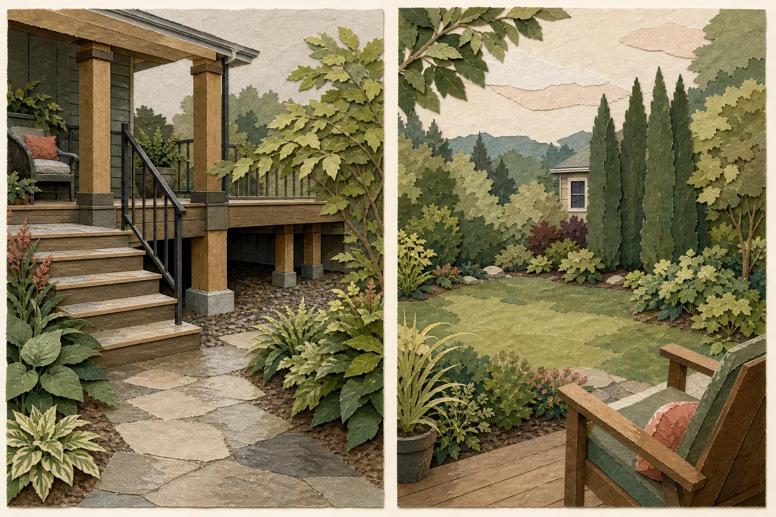 Cut-paper deck inspection view with open stairs and door, visible footings, an accessible dry-shade zone, runoff moving away, and a targeted privacy screen