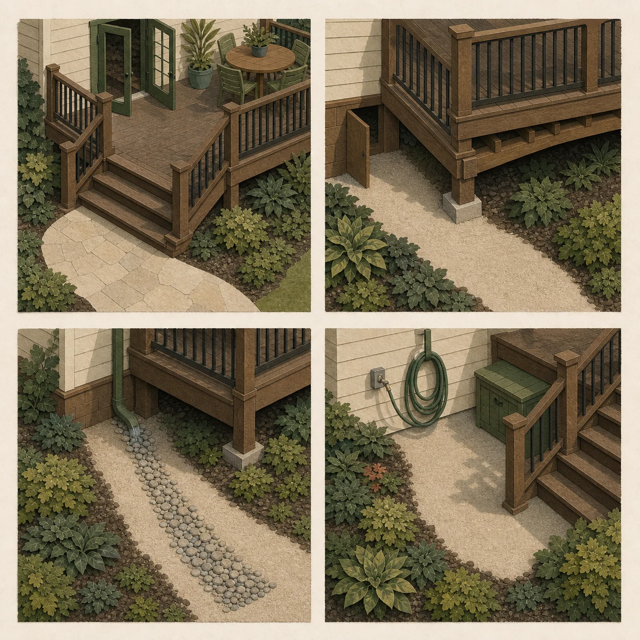 Four cut-paper deck studies showing an open stair and door route, visible posts and footings, a stable runoff route, and an accessible hose and storage pocket