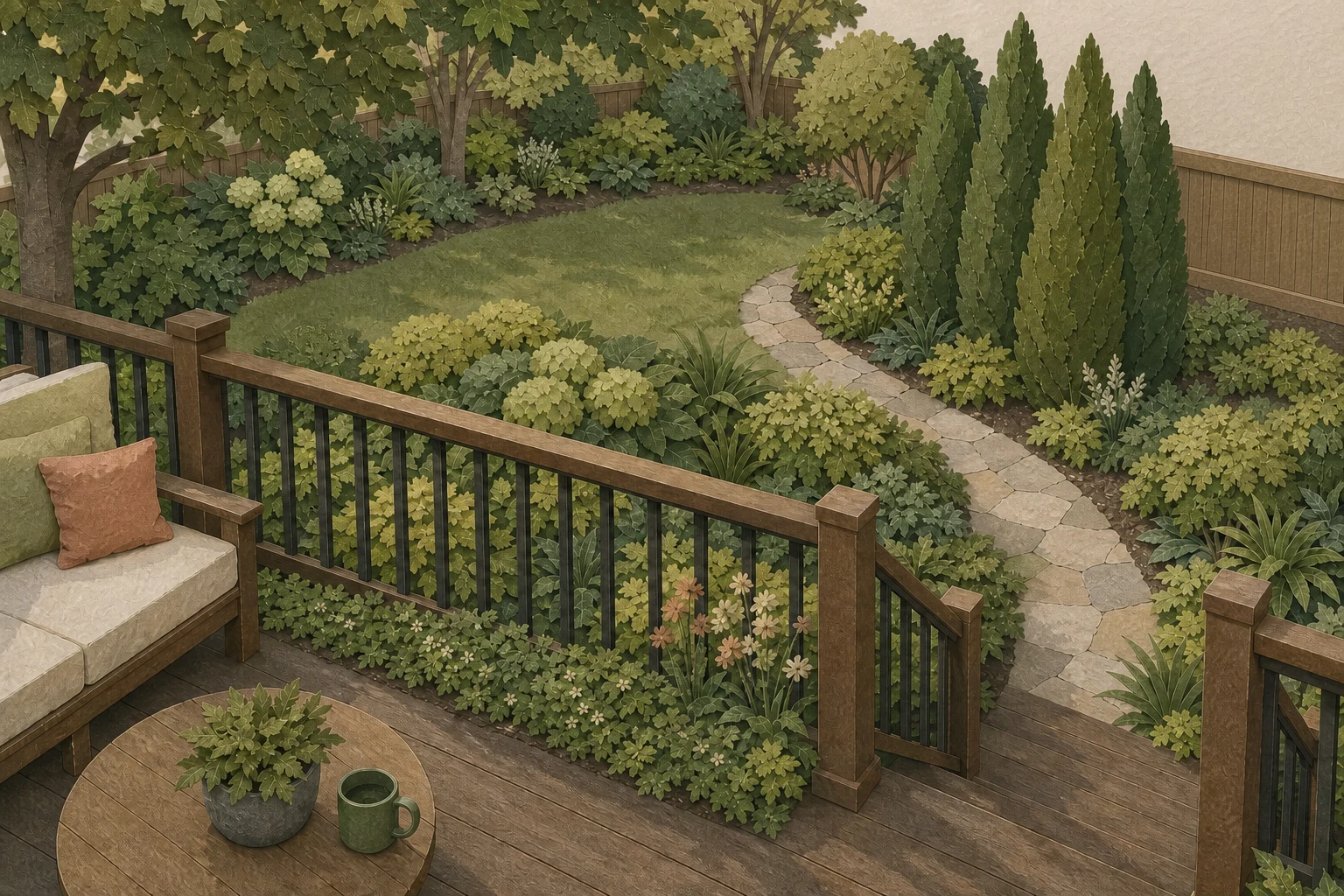 A cut-paper view from a deck seat showing a low connective ground layer, repeated rounded mounds, one targeted side screen against a neighbor view, seasonal detail near the seat, and an open central yard view
