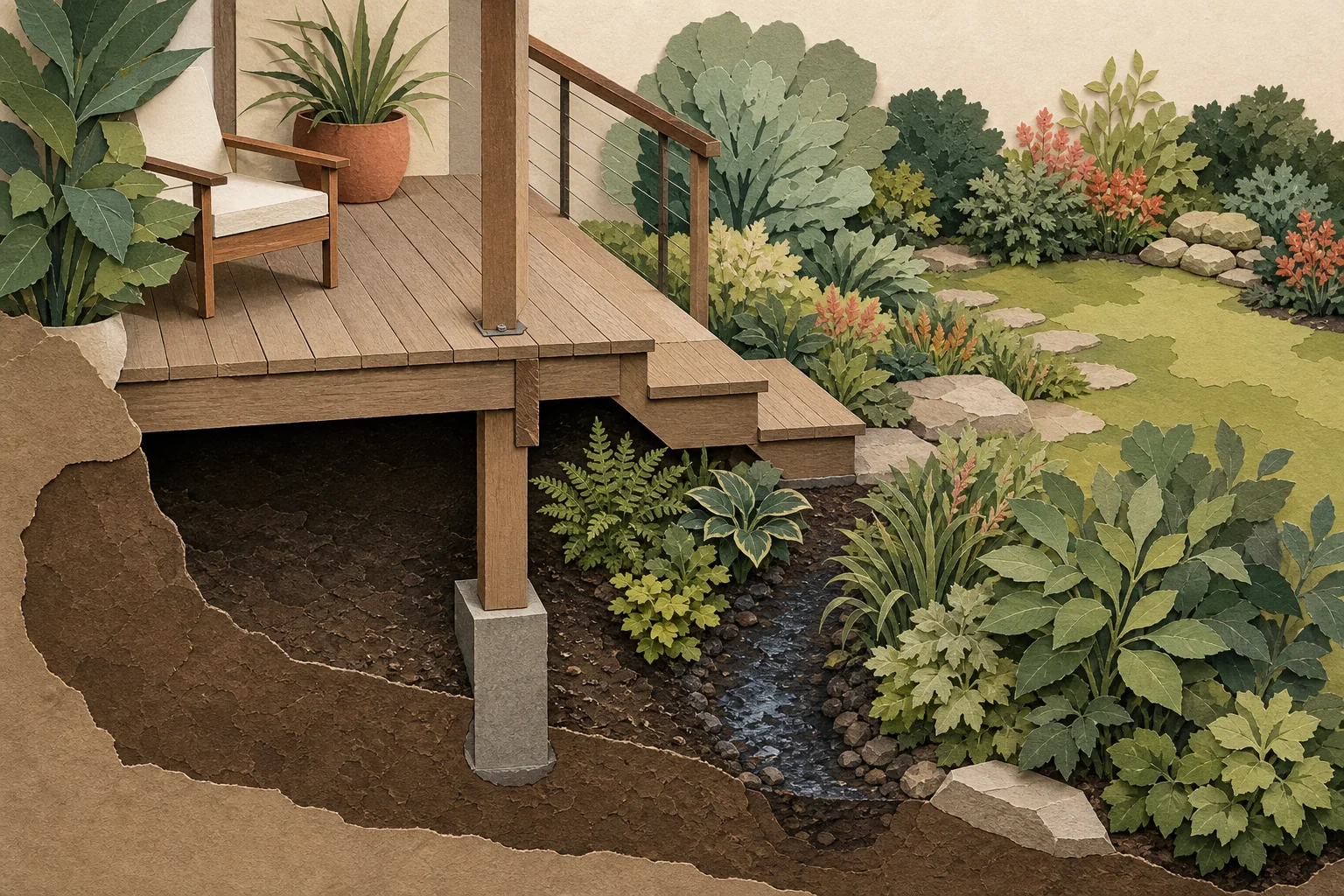 Cut-paper section through a raised deck showing dark dry shade below, concentrated drip line at the edge, open sunny planting farther out, stair clearance, and view from above