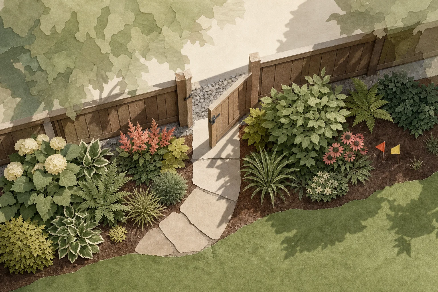 Cut-paper fence-line inspection with an open gate swing, reachable posts and latch, a maintenance gap, mature plant outlines, utility flags, and planting kept inside the property