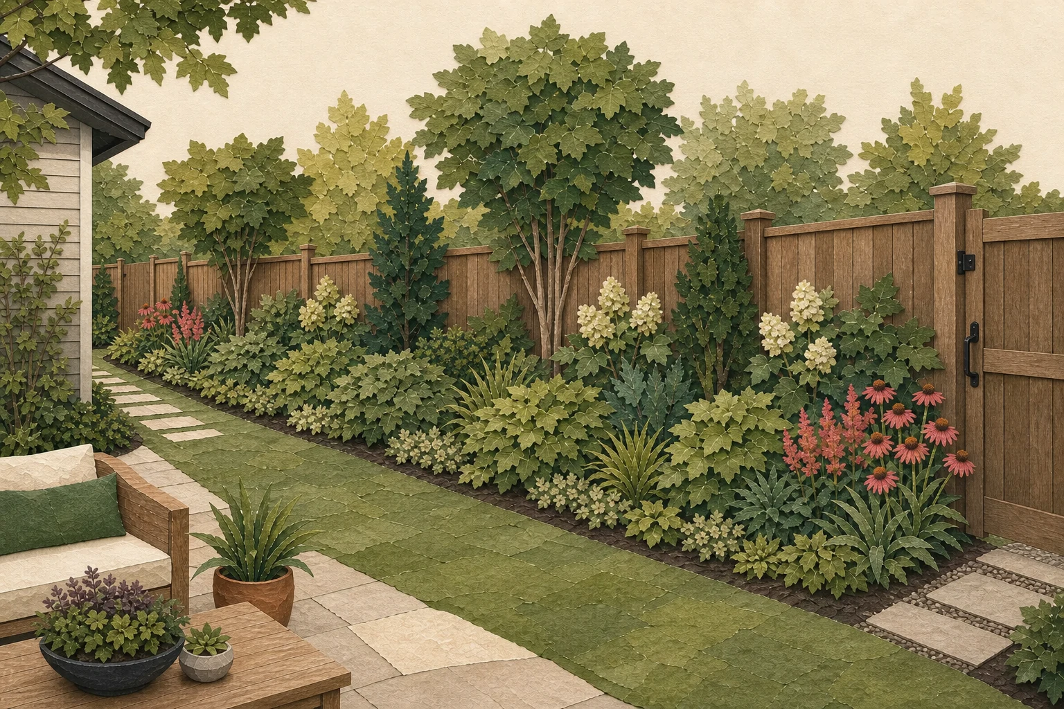 A long cut-paper fence planting with selected background forms, repeated mounding groups, concentrated flowers near the gate and patio view, and a restrained low route edge