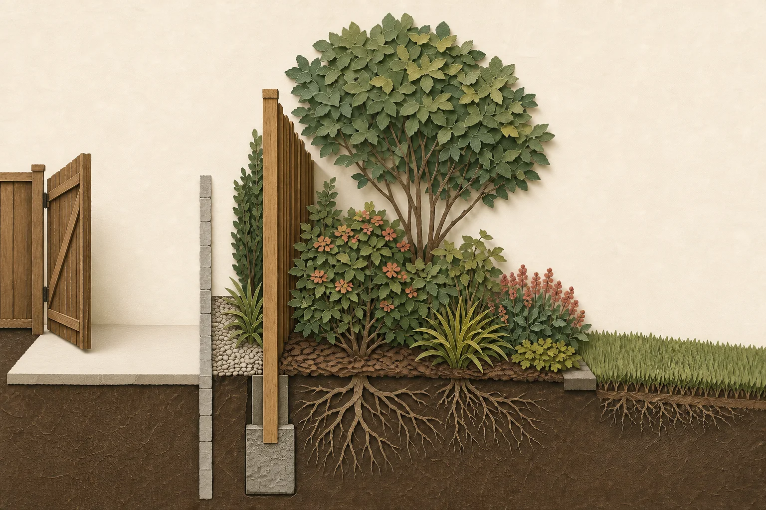 Cut-paper section through a fence-line bed showing fence access gap, mature shrub width, lower front layer, gate clearance, and a shaded wall-side pocket