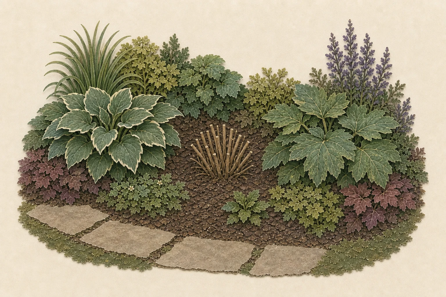 Neighboring perennial foliage arching toward a cut-back crown while leaving breathing room