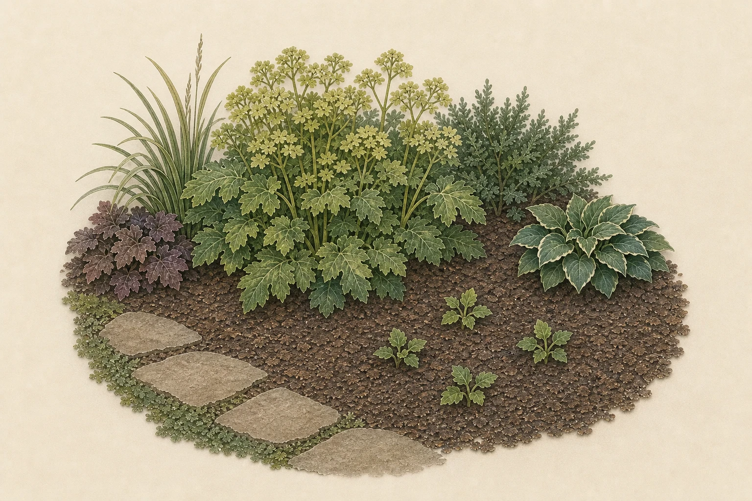 An airy parent perennial with a small group of young seedlings in nearby open mulch