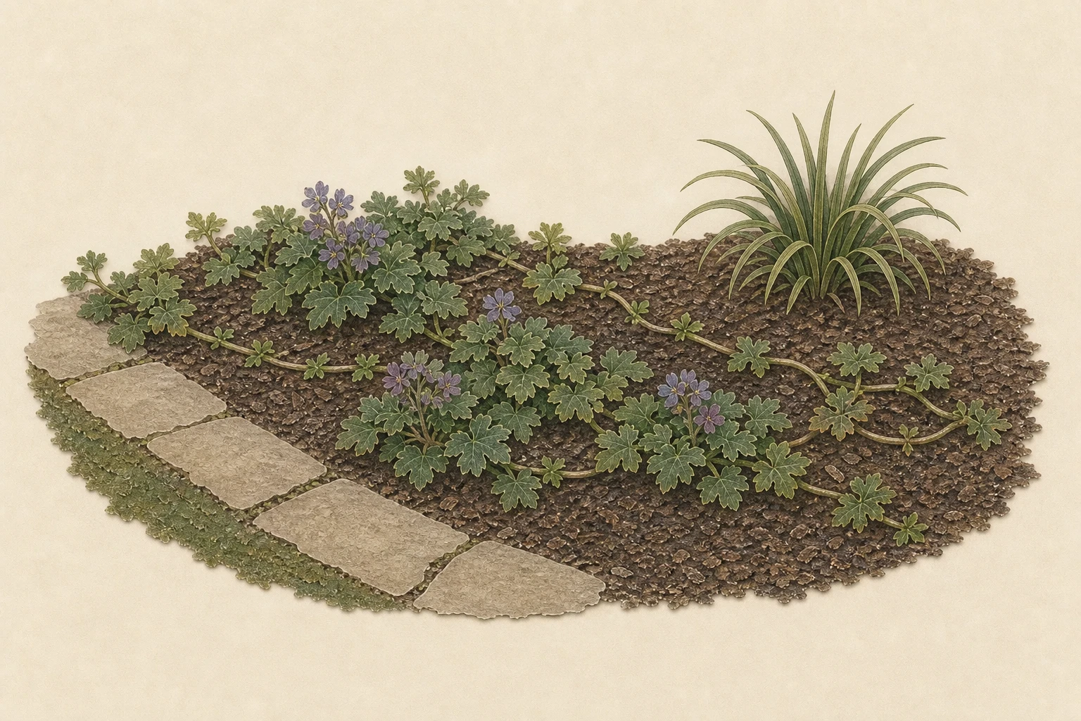 A low spreading perennial mass placed beside a reachable path edge