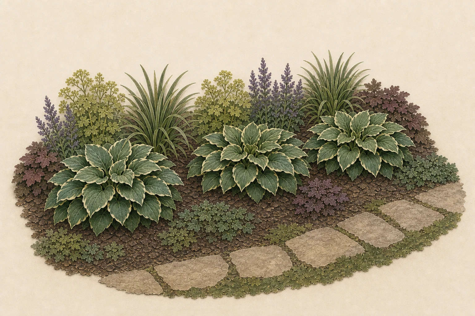 Three repeated perennial foliage clumps holding distinct rounded outlines beside a path