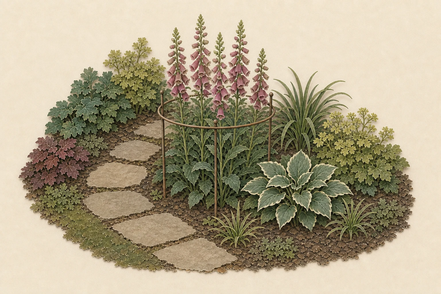 A tall perennial held upright by a discreet support ring beside a reachable path