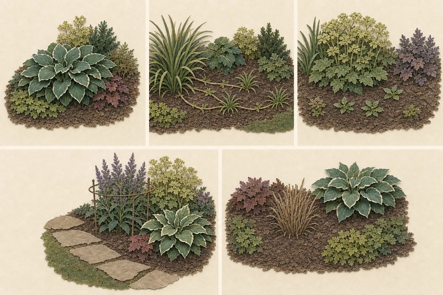 Five cut-paper perennial studies showing a stable clump, a plant spreading sideways, nearby seedlings, a reachable supported plant, and a temporary dormant gap covered by neighboring foliage