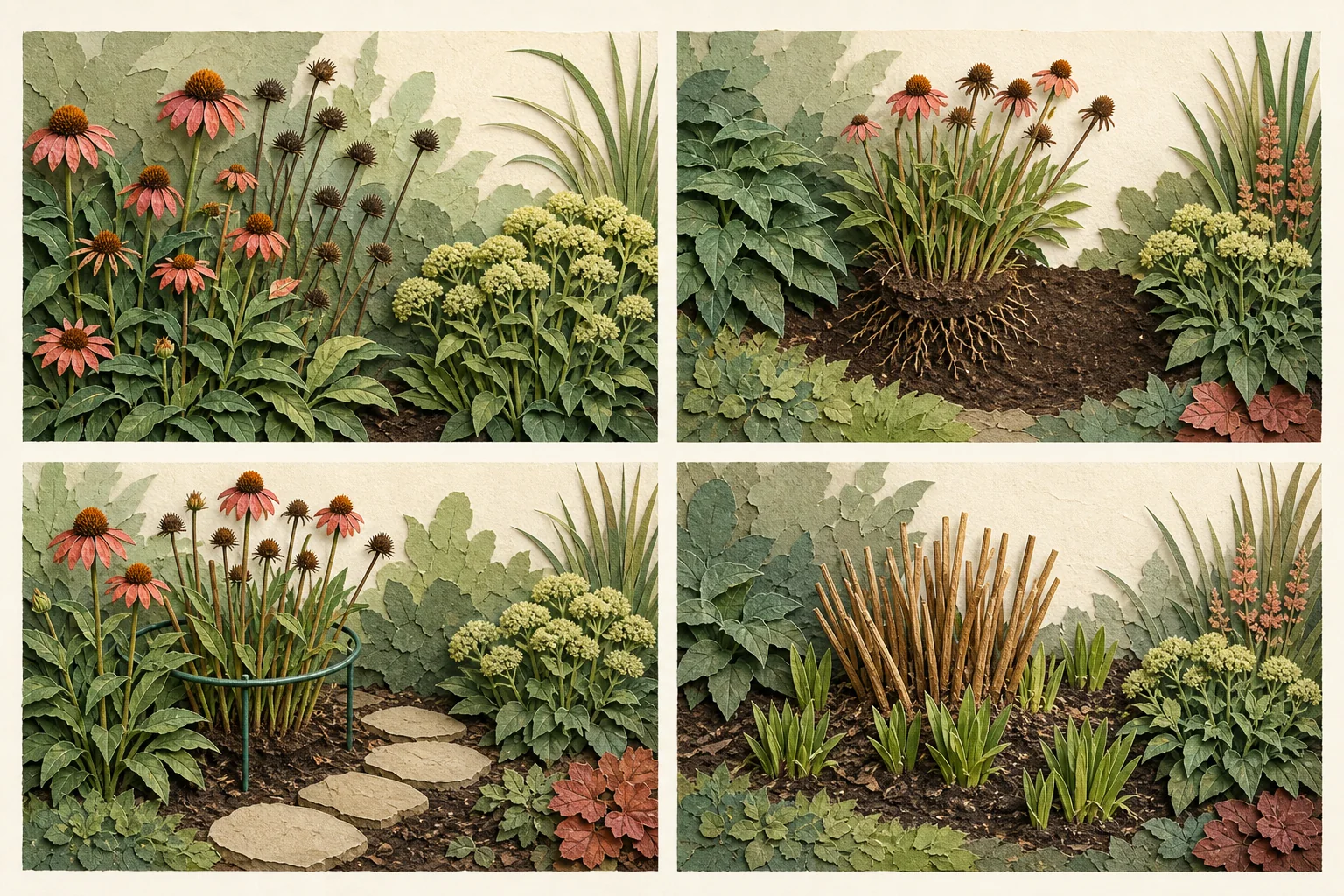 Cut-paper four-season perennial care sequence showing selective deadheading, division, support, cutback, and an intentionally open access step