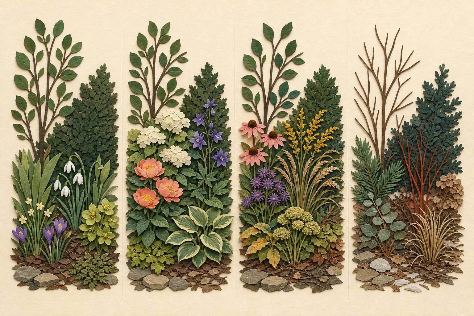 Cut-paper perennial ledger showing the same small planting through spring emergence, early-summer flowers, late-season foliage and seed heads, and winter structure