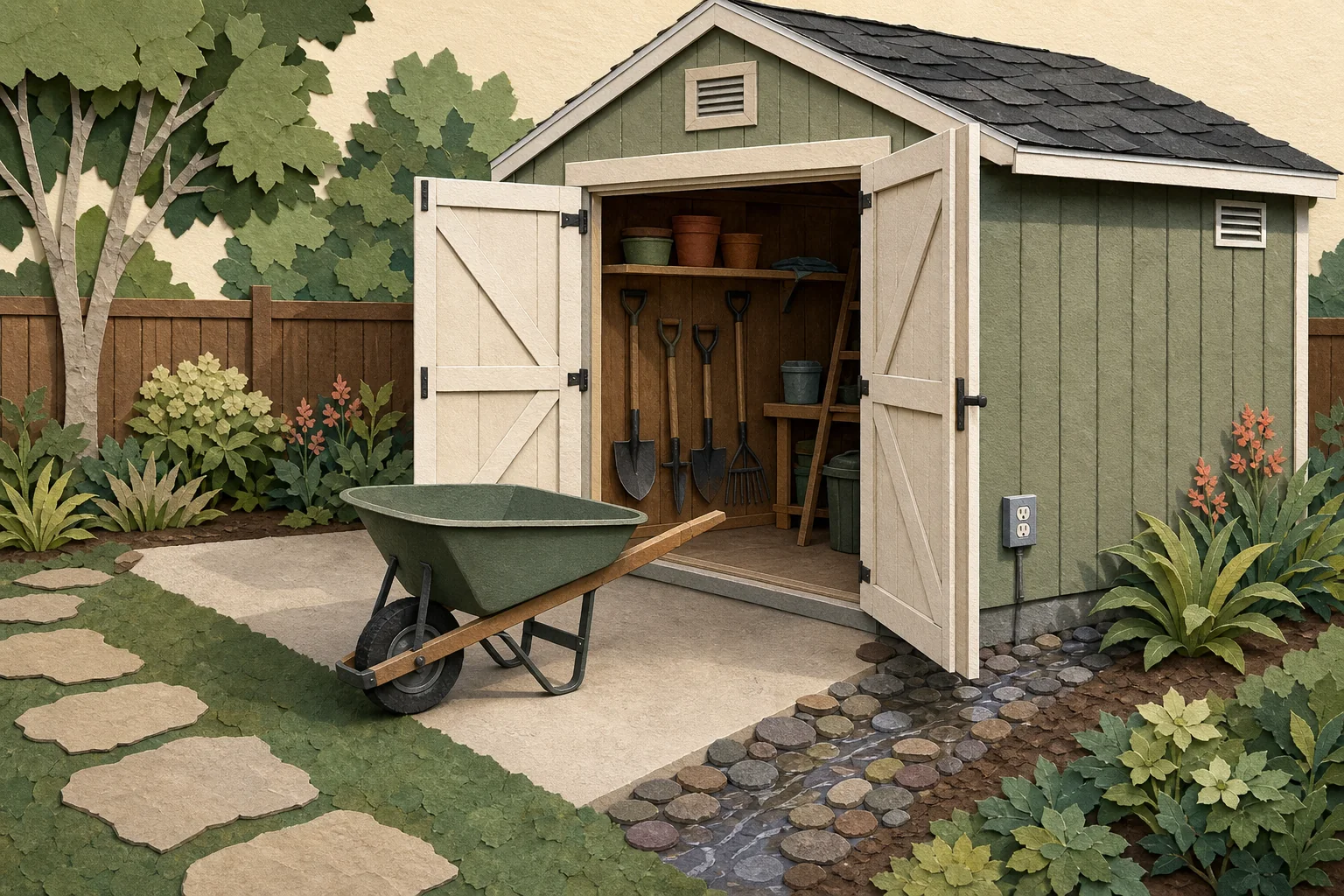 Cut-paper shed inspection plan with a fully open door, clear wheelbarrow route, reachable walls and utilities, roof-water path, and low planting outside the service band