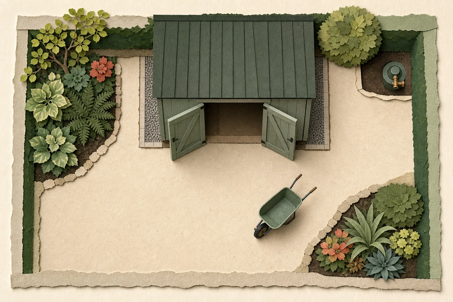 Top-down cut-paper shed plan showing door swing, wheelbarrow route, wall inspection strip, roof drip zone, utility point, and remaining plantable corners