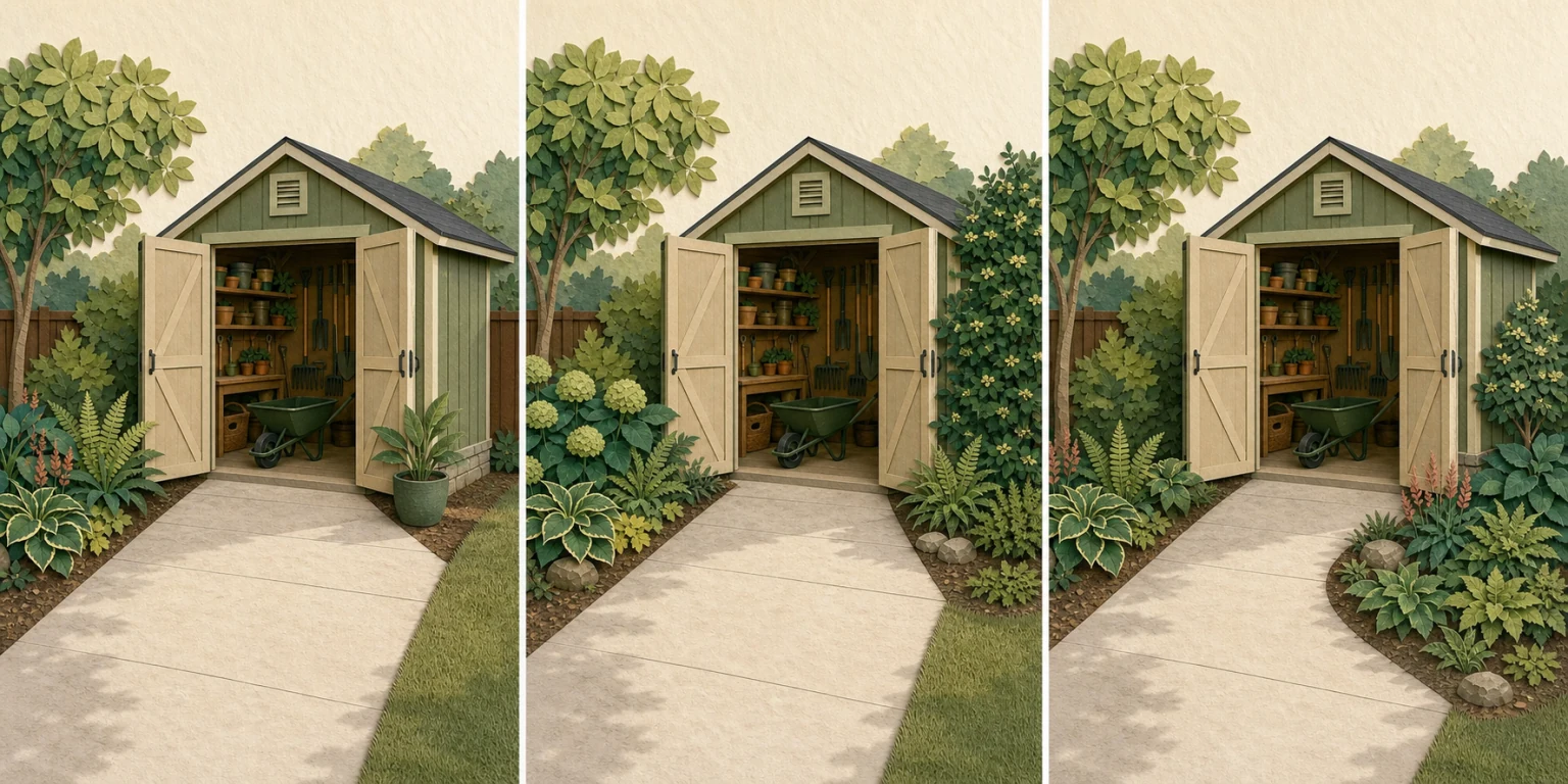 The same cut-paper garden shed shown as a clear destination, framed at selected corners, and softened along one less attractive side while doors and paths remain open