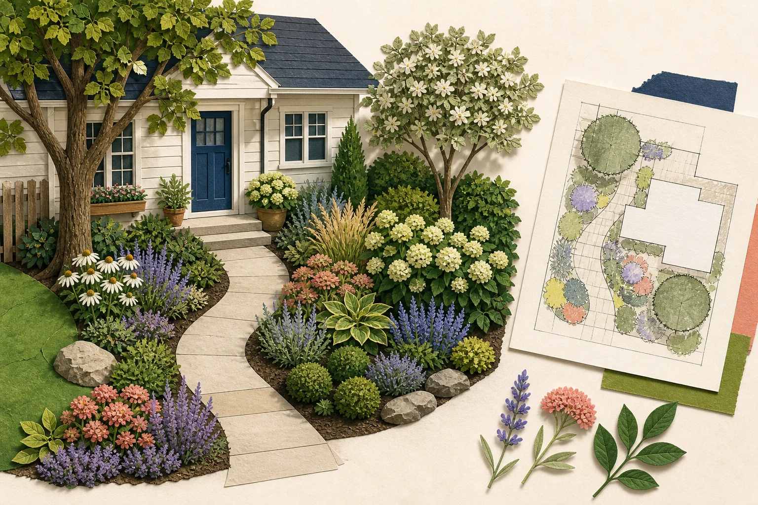 Editorial illustration pairing a planted suburban entry with a simple overhead garden plan