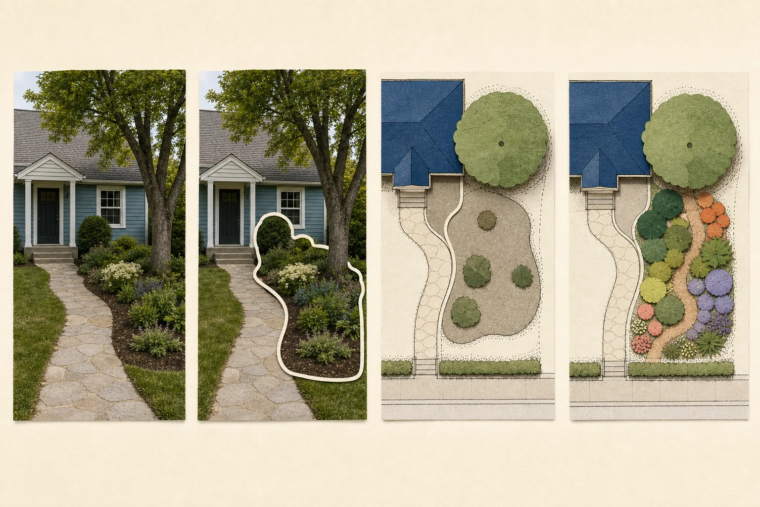 Four-panel illustration moving from a real yard view to a marked planting boundary, an overhead base map, and a grouped planting layout