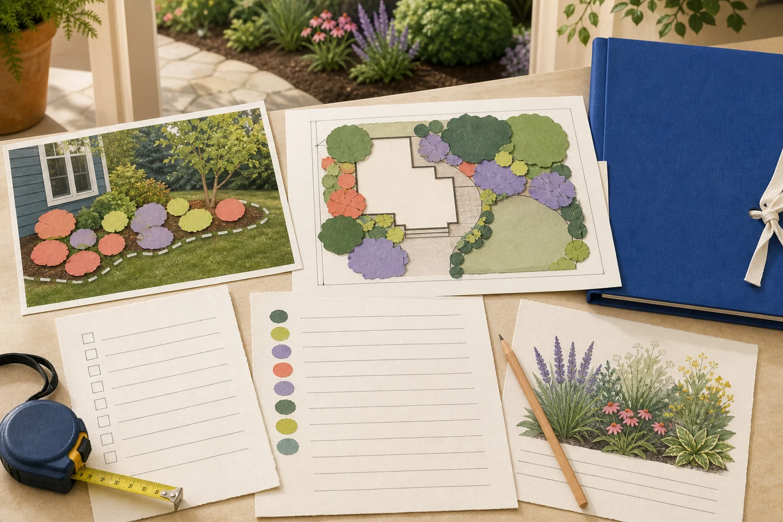 Photo, planting plan, plant list, scope checklist, and measuring tools arranged as a landscaper handoff packet