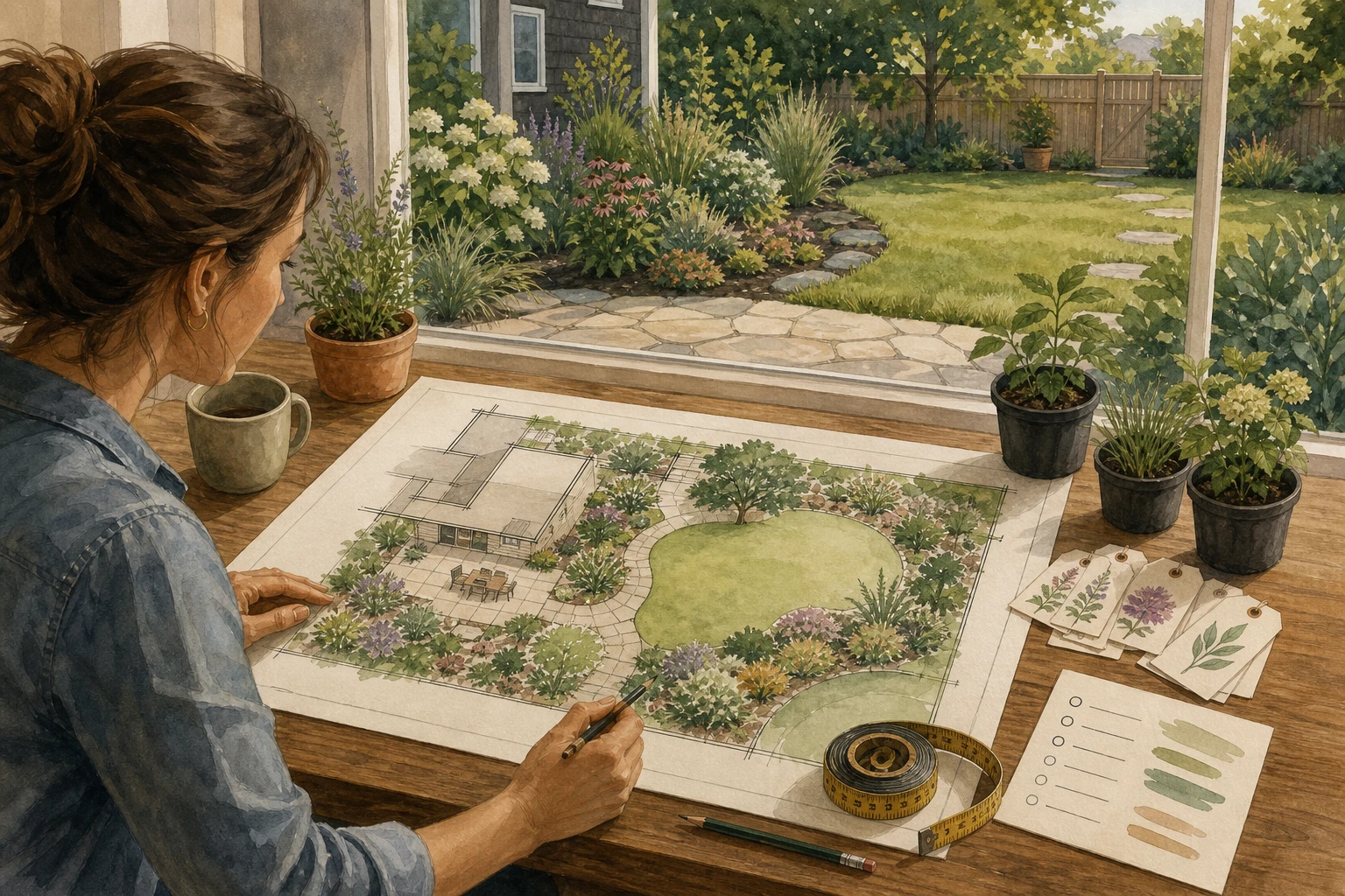 Homeowner reviewing a complete backyard planting plan with a measuring tape, plant tags, potted plants, and the finished yard visible through a window