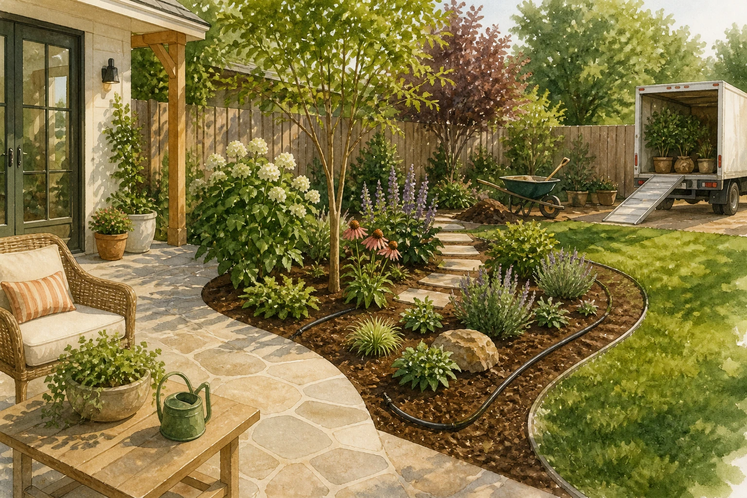 Complete backyard project area with a stable patio and path, prepared planting bed, drip line, watering can, wheelbarrow, and delivery access