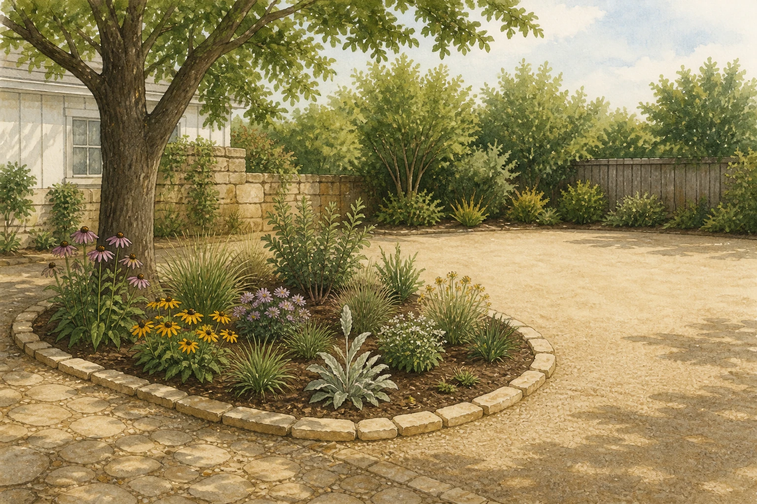 Small, coherent backyard planting bed finished beside an existing path and mature tree, with an open area left for a later phase