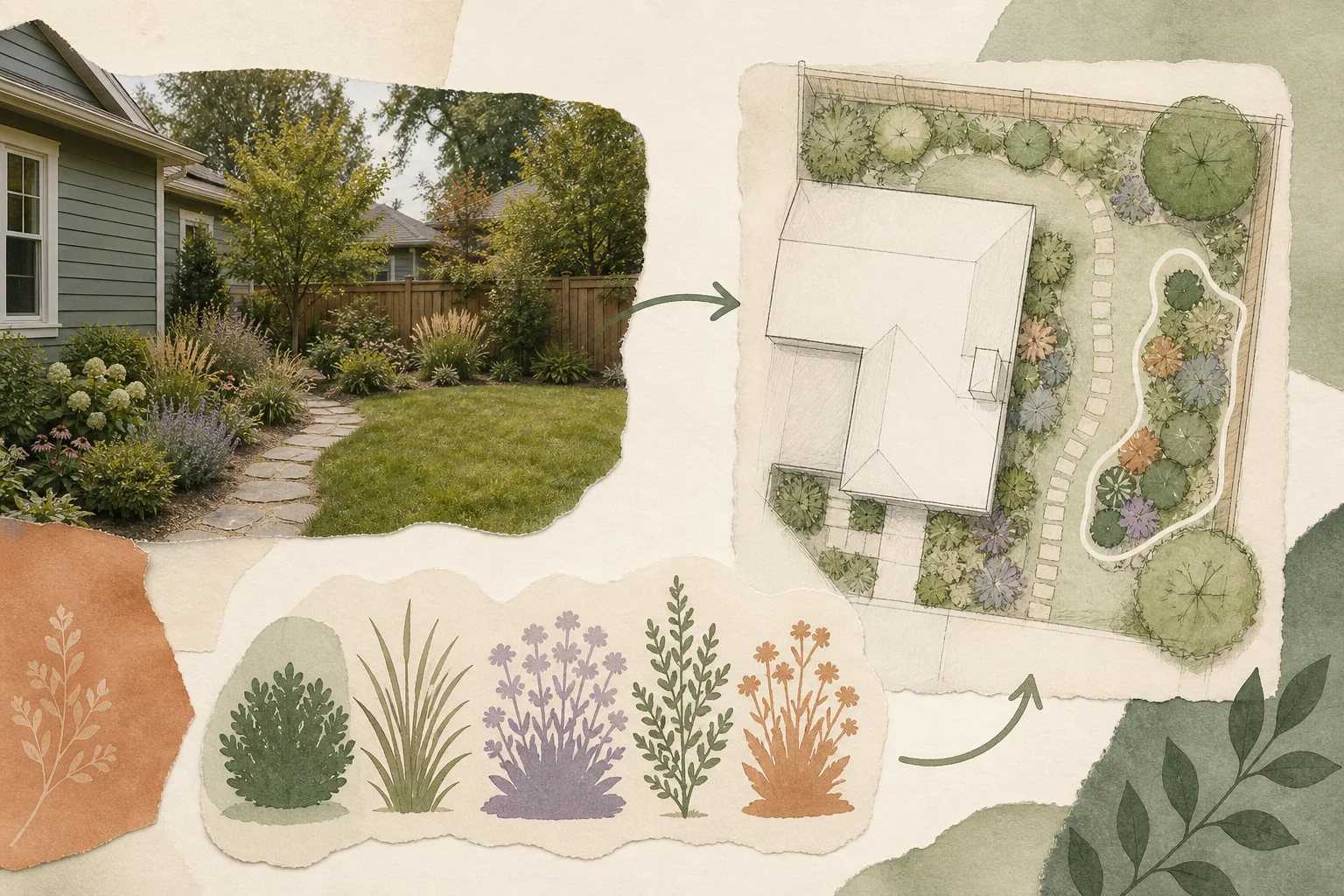 Editorial illustration connecting a real yard view to an overhead planting plan and generic plant roles