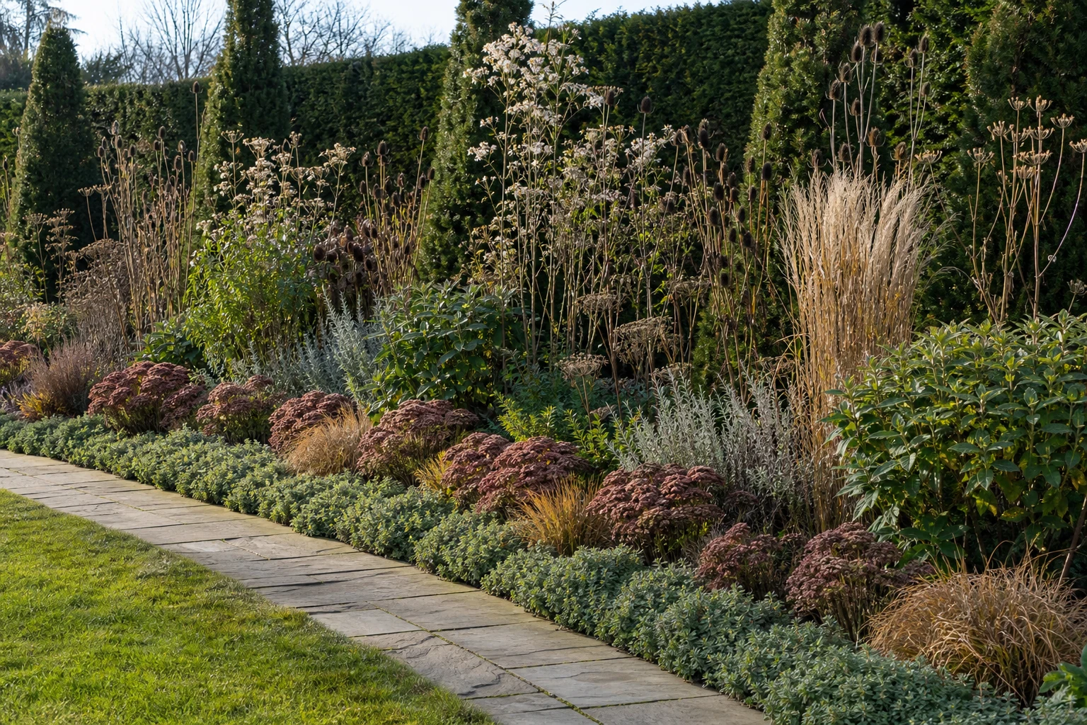 Long border with a low planted edge, repeated rounded middle plants, tall durable structure, and airy seedheads