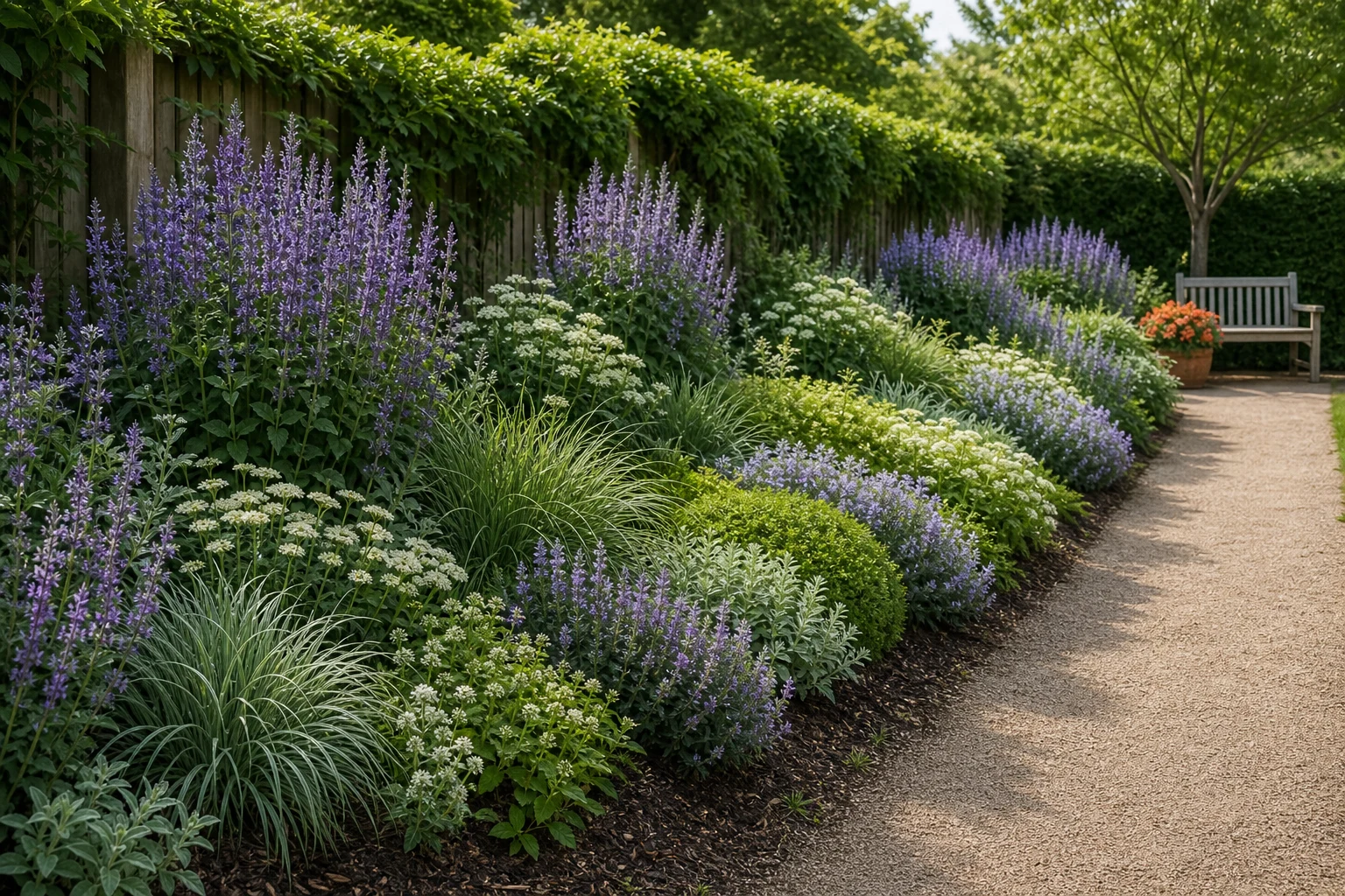 Long garden border with two main plants repeated in unequal groups, overlapping layers, and one distinct accent at the end of the path