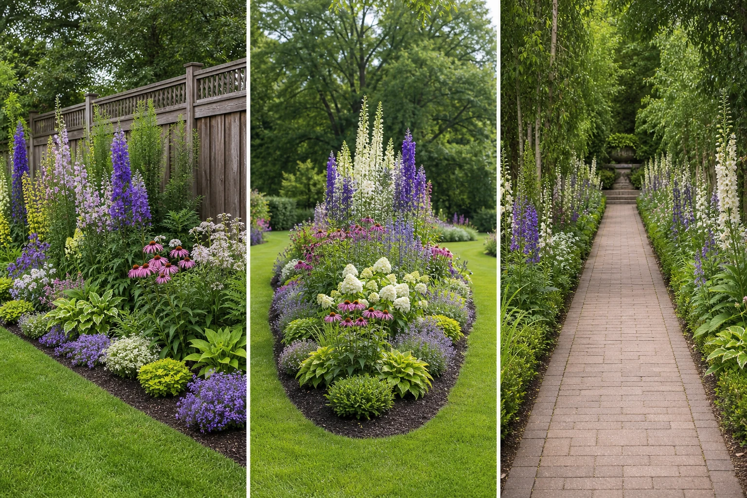 Three planted border layouts showing a one-sided boundary border, an island border, and narrow borders along a path