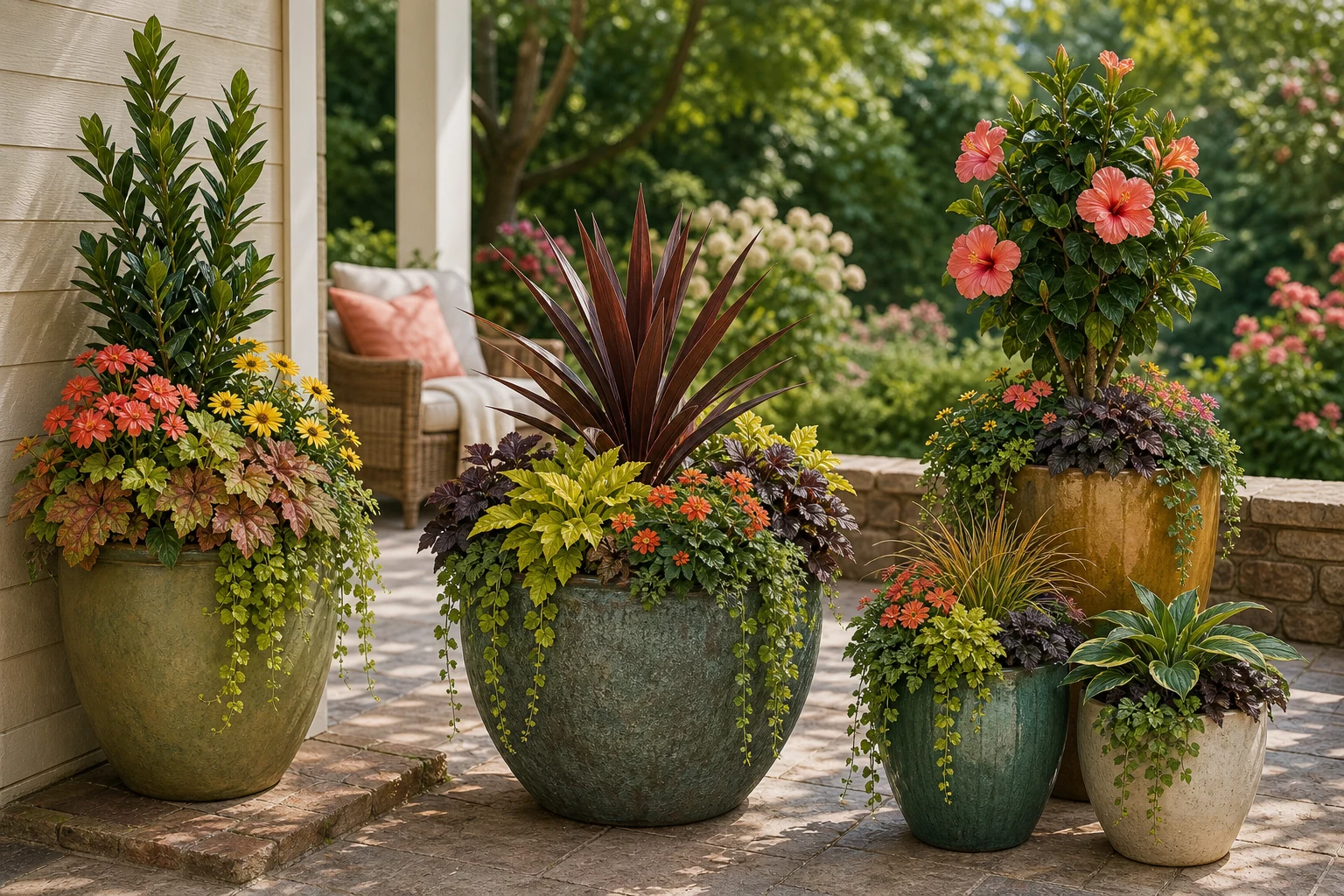 Collage of one-sided, all-around, and grouped container gardens on a porch and patio