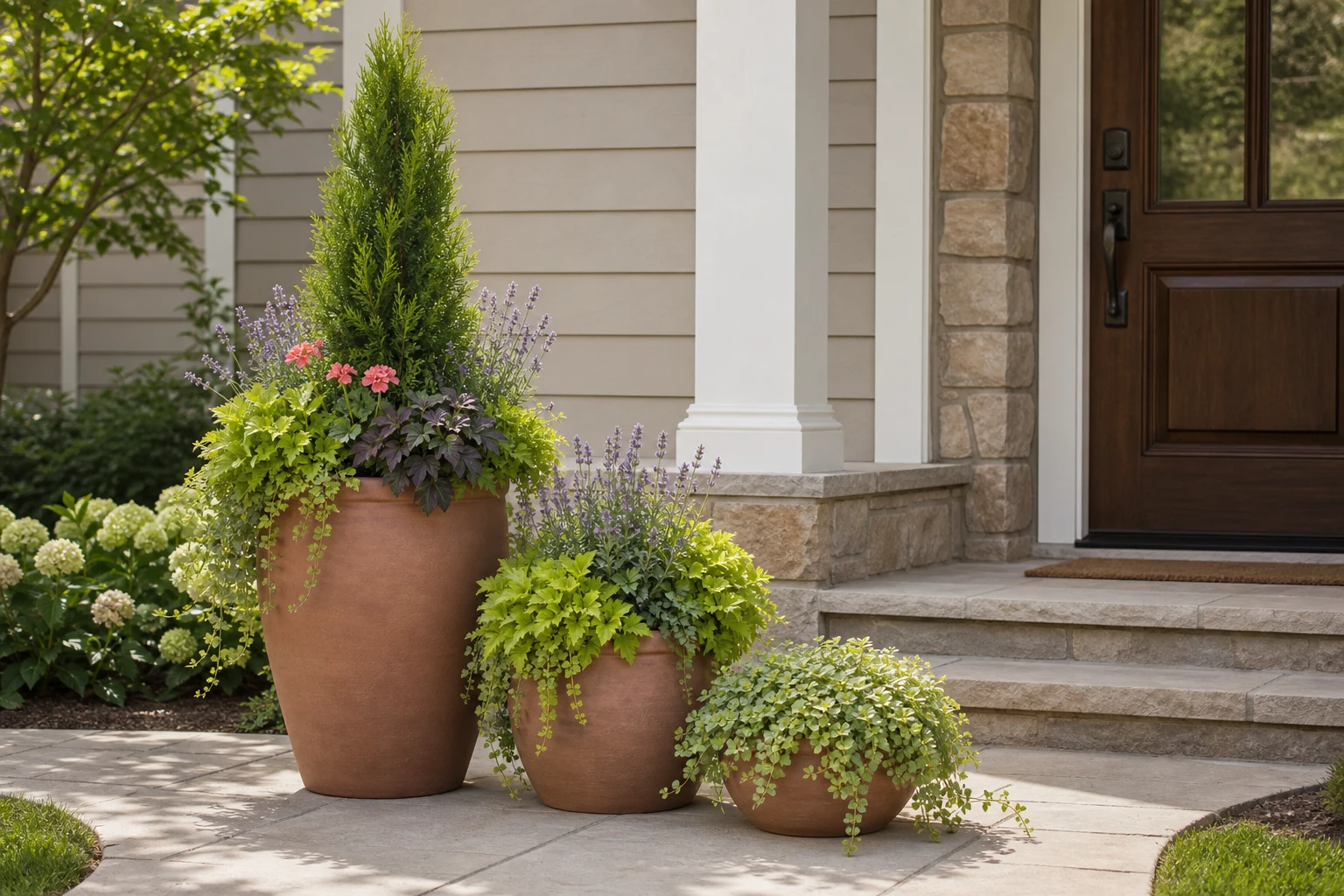 Three coordinated porch containers with one tall leader, one lower pot repeating its color, and one simple smallest pot beside a clear entrance route