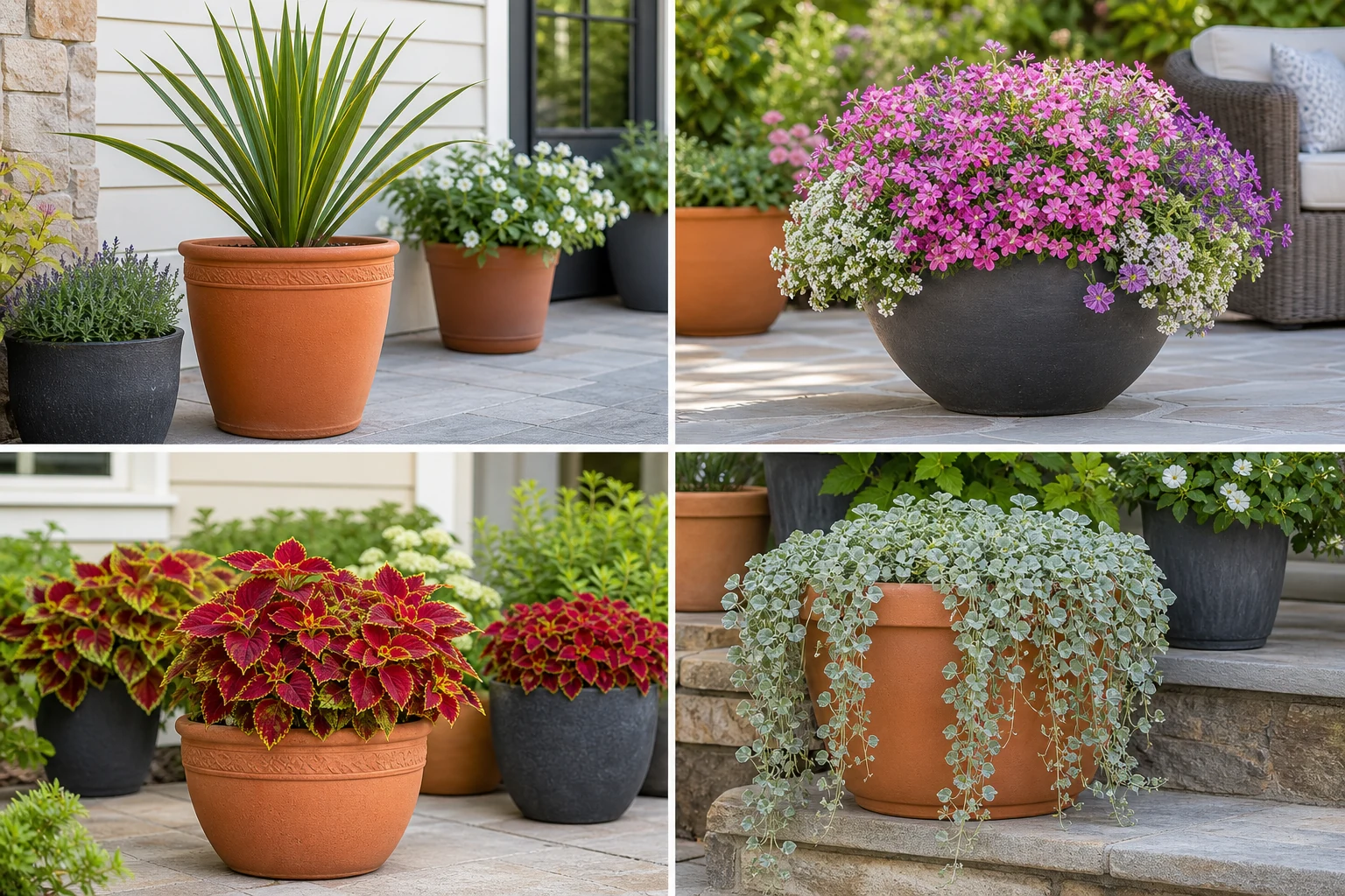 Four container close-ups showing upright structure, a rounded filler mass, a repeated foliage accent, and a trailing edge plant